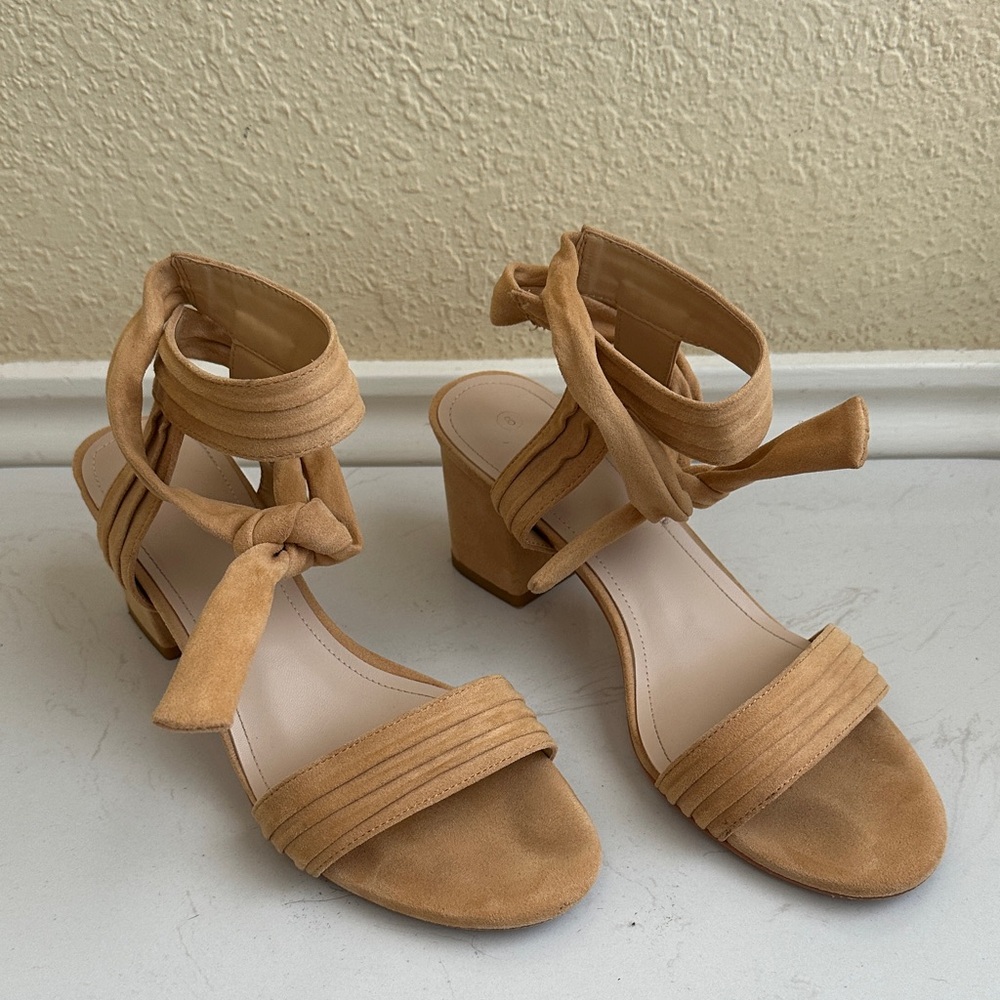 Women’s Tan Vegan Suede Block Heel Sandals with Ankle Tie